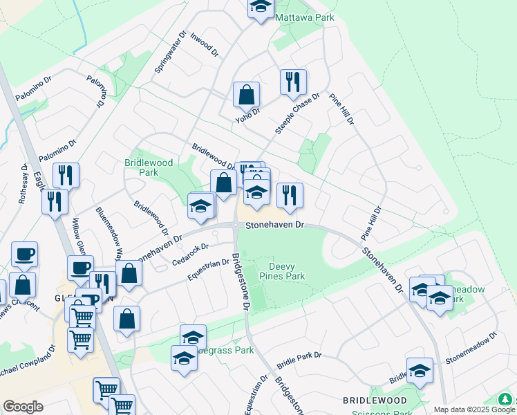 map of restaurants, bars, coffee shops, grocery stores, and more near 2 Woodbridge Crescent in Ottawa