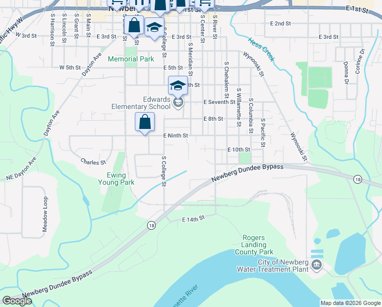 map of restaurants, bars, coffee shops, grocery stores, and more near 810 East 9th Street in Newberg