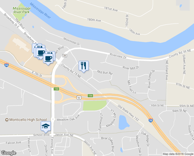 map of restaurants, bars, coffee shops, grocery stores, and more near 6215 Mill Run Road in Monticello