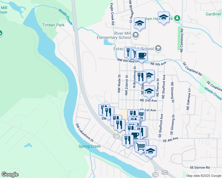 map of restaurants, bars, coffee shops, grocery stores, and more near 477 Northwest Wade Street in Estacada