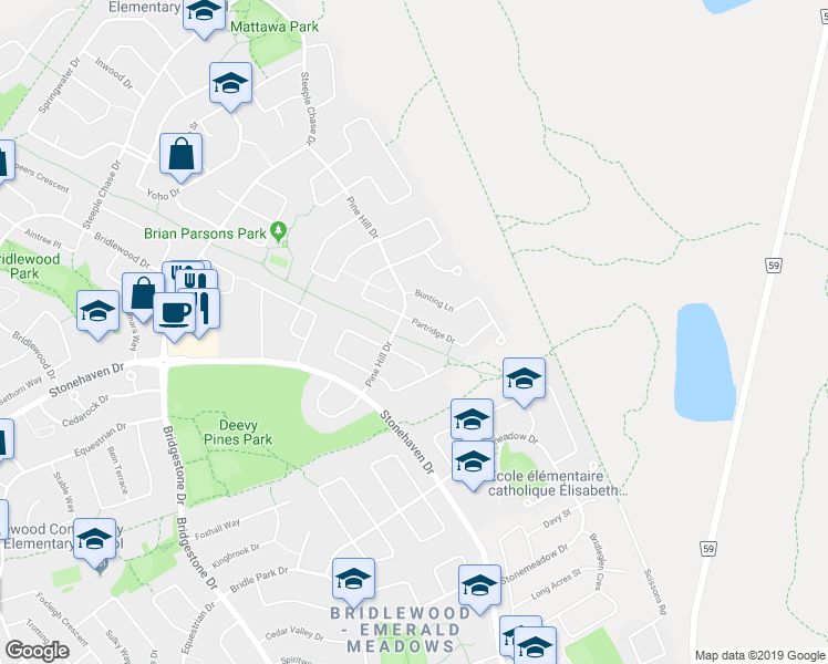 map of restaurants, bars, coffee shops, grocery stores, and more near 8 Partridge Drive in Ottawa