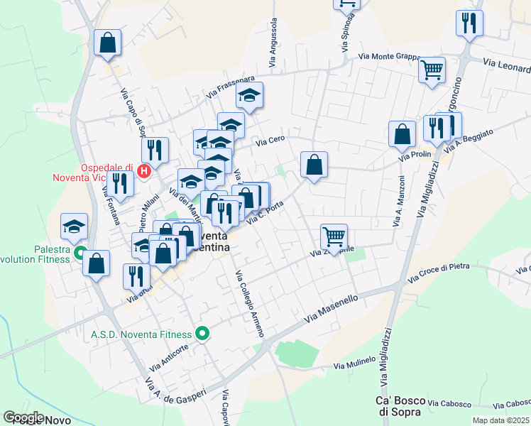 map of restaurants, bars, coffee shops, grocery stores, and more near 7 Via C. Forlanini in Noventa Vicentina