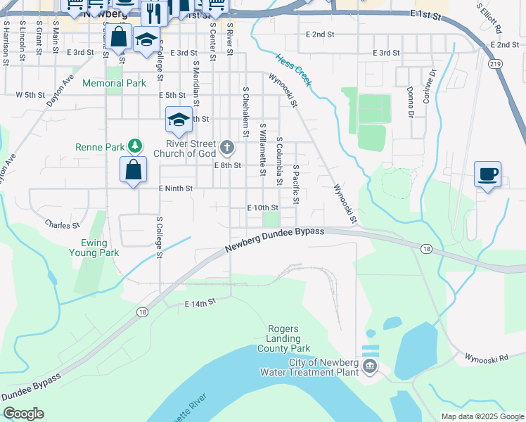 map of restaurants, bars, coffee shops, grocery stores, and more near 1210 East 9th Street in Newberg