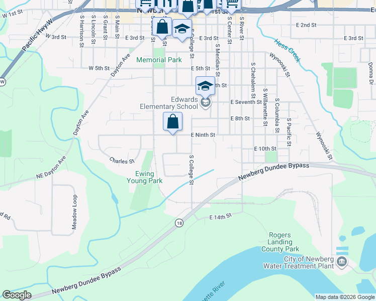 map of restaurants, bars, coffee shops, grocery stores, and more near 619 East 10th Street in Newberg
