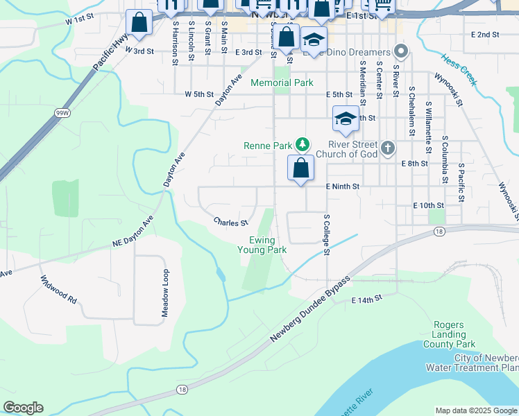 map of restaurants, bars, coffee shops, grocery stores, and more near 901 Charles Street in Newberg
