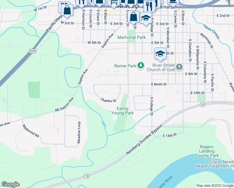 map of restaurants, bars, coffee shops, grocery stores, and more near 901 Charles Street in Newberg