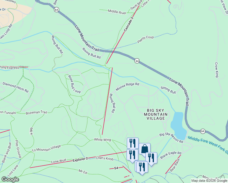 map of restaurants, bars, coffee shops, grocery stores, and more near Rising Bull Road in Gallatin Gateway