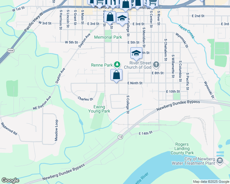 map of restaurants, bars, coffee shops, grocery stores, and more near 504 East Ninth Street in Newberg