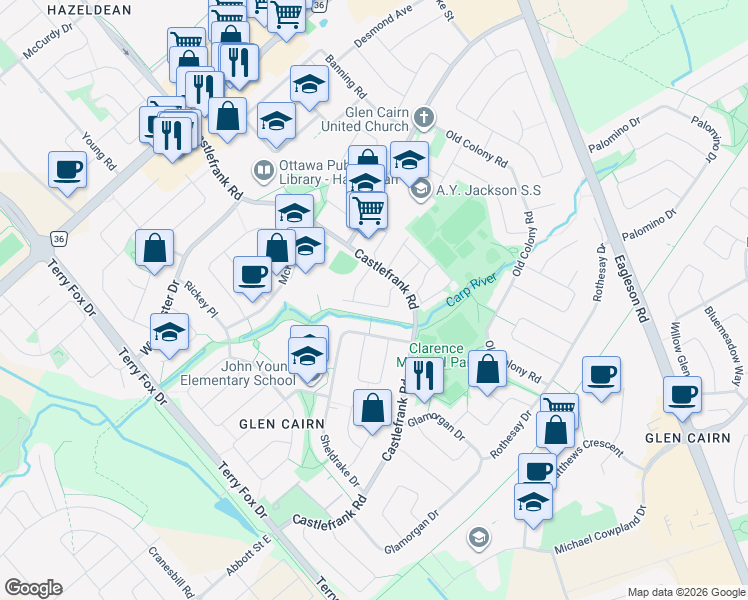 map of restaurants, bars, coffee shops, grocery stores, and more near 71 Baneberry Crescent in Ottawa
