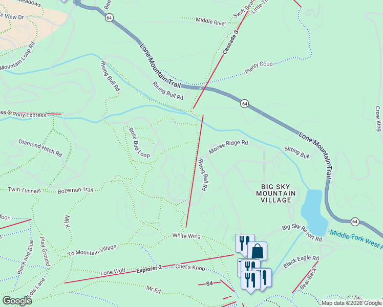 map of restaurants, bars, coffee shops, grocery stores, and more near Rising Bull Road in Gallatin Gateway