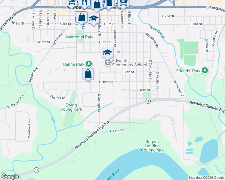 map of restaurants, bars, coffee shops, grocery stores, and more near 810 East 9th Street in Newberg
