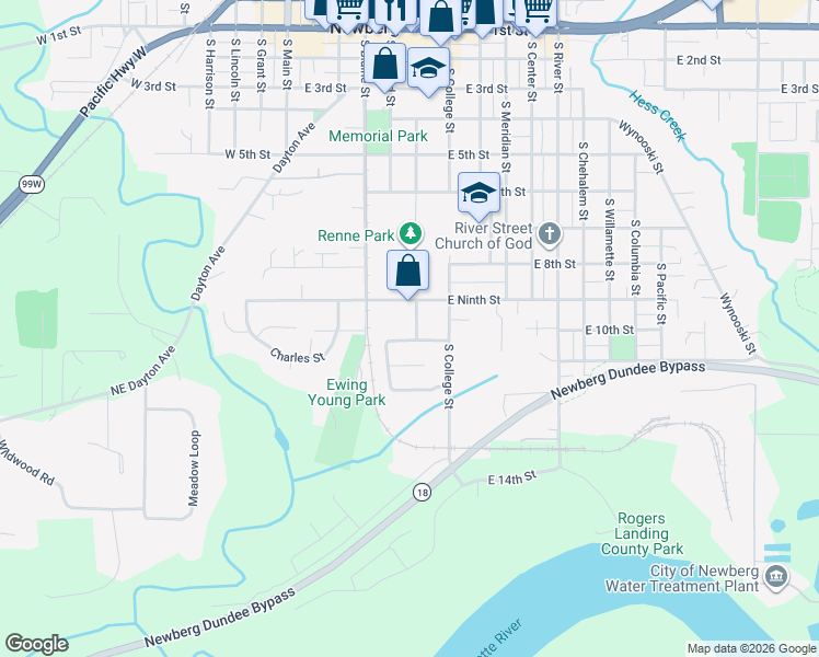 map of restaurants, bars, coffee shops, grocery stores, and more near 929 South School Street in Newberg