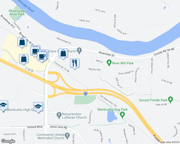map of restaurants, bars, coffee shops, grocery stores, and more near 6199 Mill Run Road in Monticello