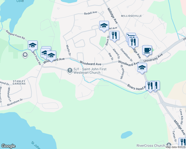 map of restaurants, bars, coffee shops, grocery stores, and more near 303 Boars Head Road in Saint John