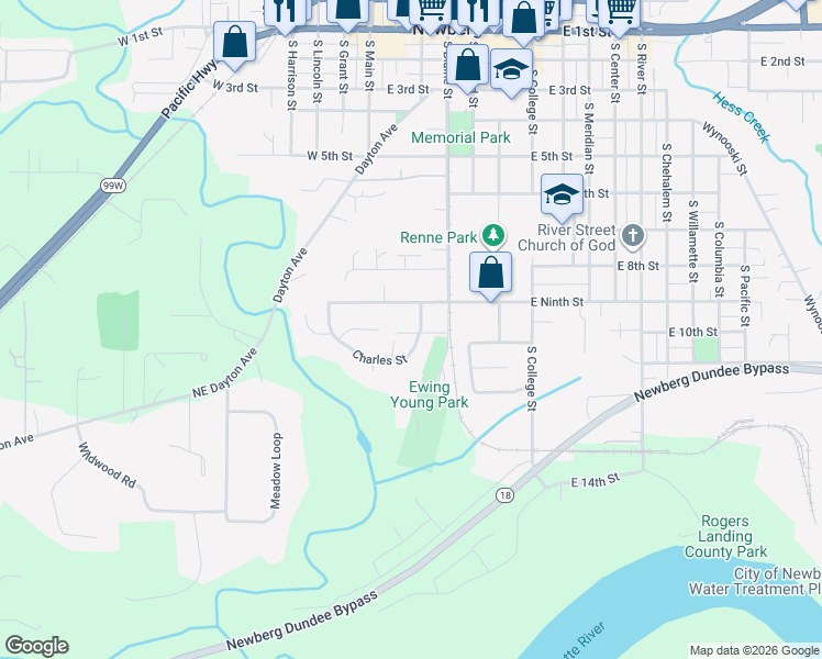 map of restaurants, bars, coffee shops, grocery stores, and more near 907 Charles Street in Newberg