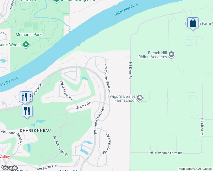 map of restaurants, bars, coffee shops, grocery stores, and more near 31467 Southwest Country View Lane in Wilsonville