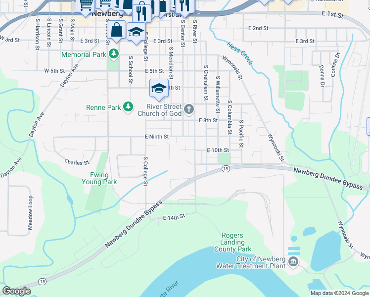 map of restaurants, bars, coffee shops, grocery stores, and more near 912 East 9th Street in Newberg