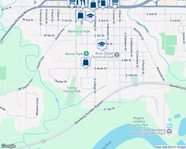 map of restaurants, bars, coffee shops, grocery stores, and more near 31 South College Street in Newberg