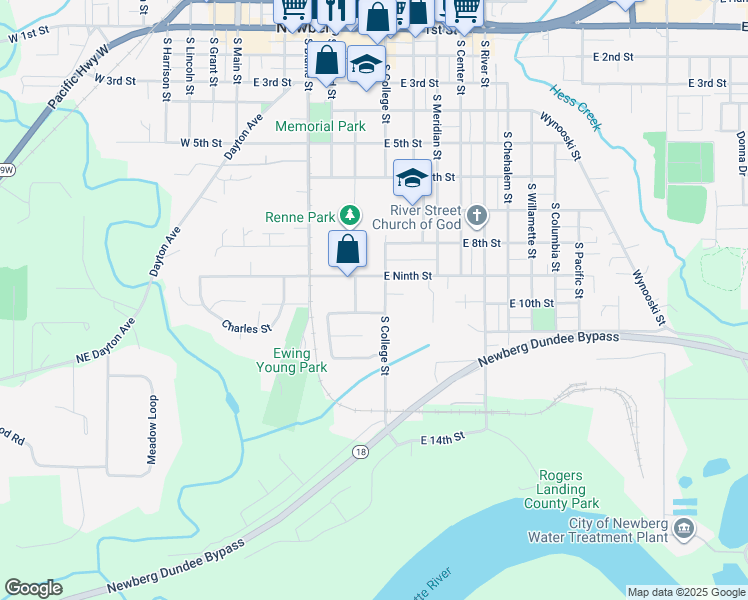 map of restaurants, bars, coffee shops, grocery stores, and more near 31 South College Street in Newberg