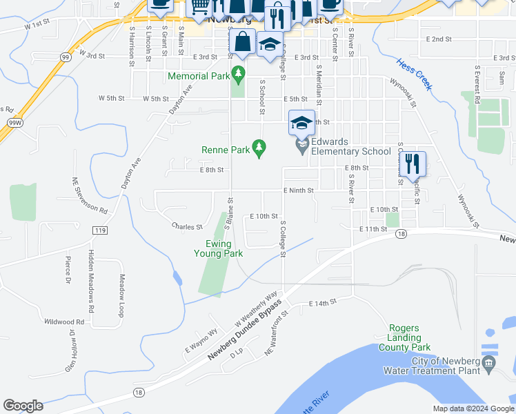 map of restaurants, bars, coffee shops, grocery stores, and more near 504 East Ninth Street in Newberg