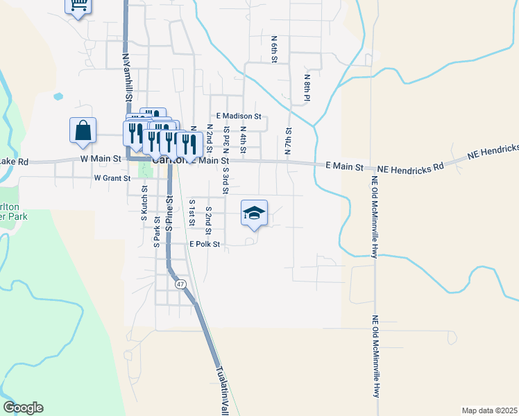 map of restaurants, bars, coffee shops, grocery stores, and more near 515 East Washington Street in Carlton