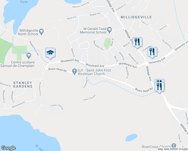 map of restaurants, bars, coffee shops, grocery stores, and more near 303 Boars Head Road in Saint John