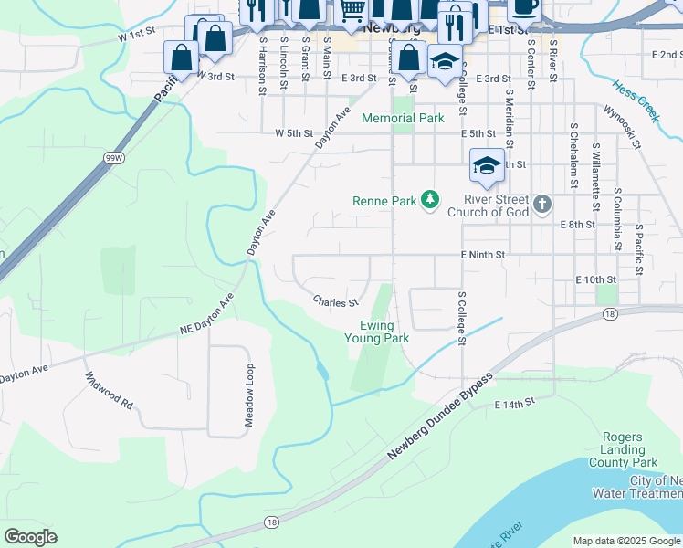 map of restaurants, bars, coffee shops, grocery stores, and more near 100 East 9th Street in Newberg