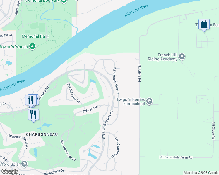 map of restaurants, bars, coffee shops, grocery stores, and more near 31467 Southwest Country View Lane in Wilsonville