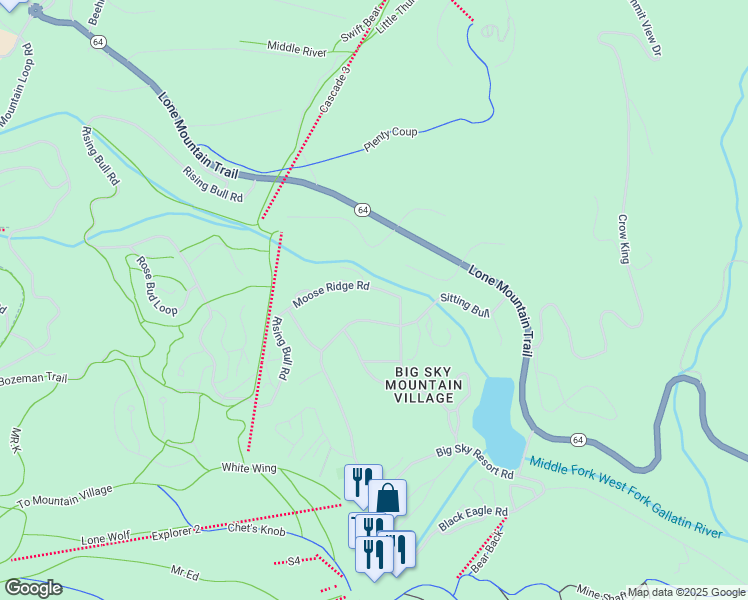 map of restaurants, bars, coffee shops, grocery stores, and more near 11 Moose Ridge Road in Big Sky