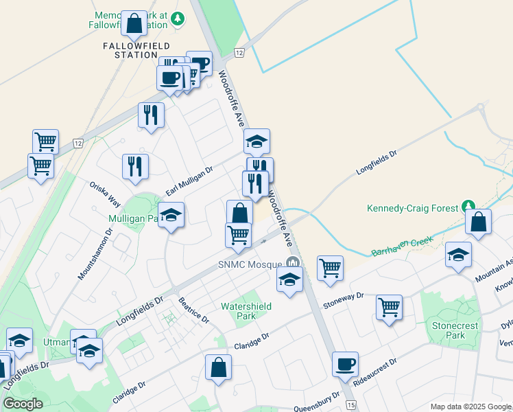 map of restaurants, bars, coffee shops, grocery stores, and more near 2900 Woodroffe Avenue in Ottawa