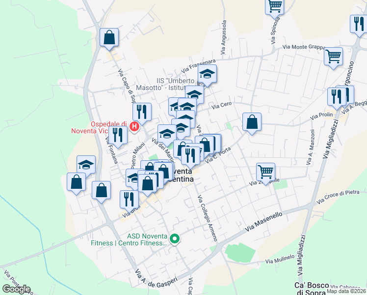 map of restaurants, bars, coffee shops, grocery stores, and more near 10 Via Guglielmo Marconi in Noventa Vicentina