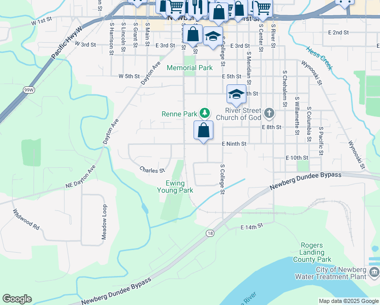 map of restaurants, bars, coffee shops, grocery stores, and more near 406 East 9th Street in Newberg
