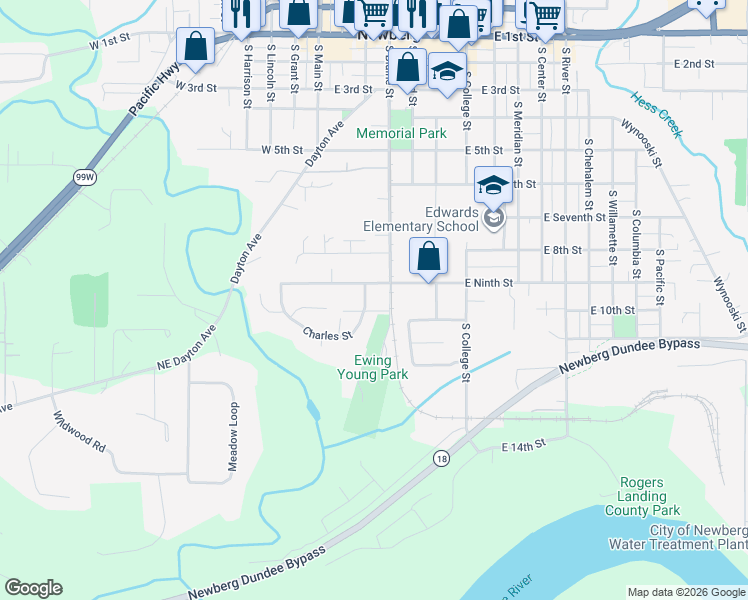 map of restaurants, bars, coffee shops, grocery stores, and more near 901 Charles Street in Newberg