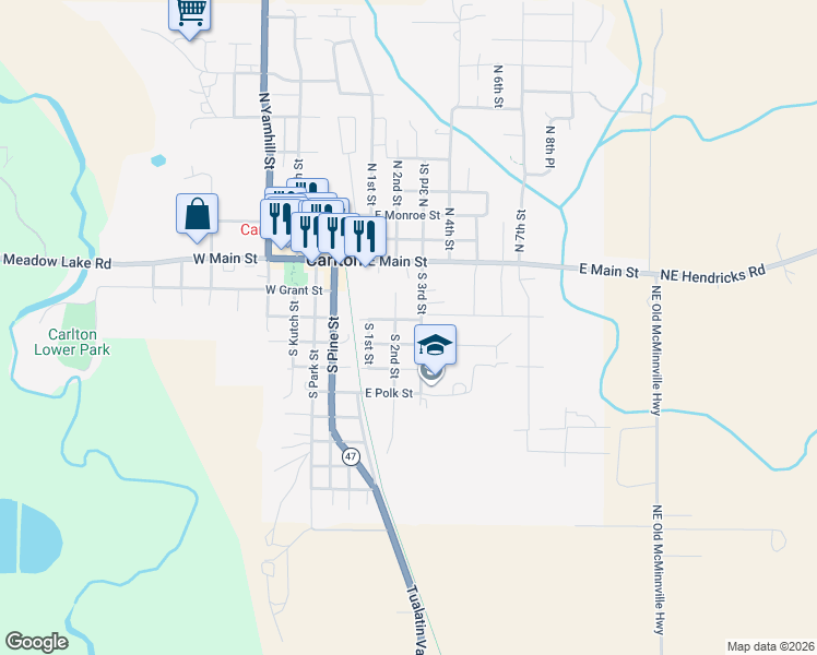 map of restaurants, bars, coffee shops, grocery stores, and more near 317 South 2nd Street in Carlton