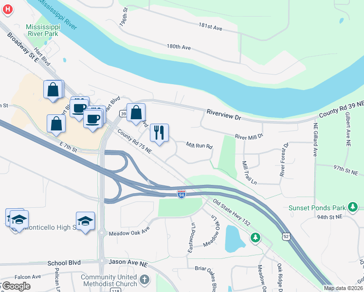 map of restaurants, bars, coffee shops, grocery stores, and more near 6215 Mill Run Road in Monticello