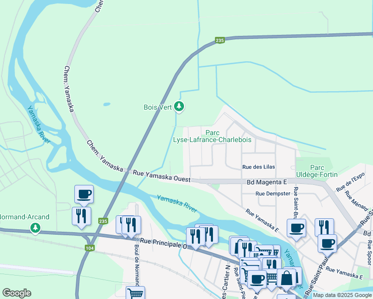 map of restaurants, bars, coffee shops, grocery stores, and more near 1122 Rue des Orchidées in Farnham