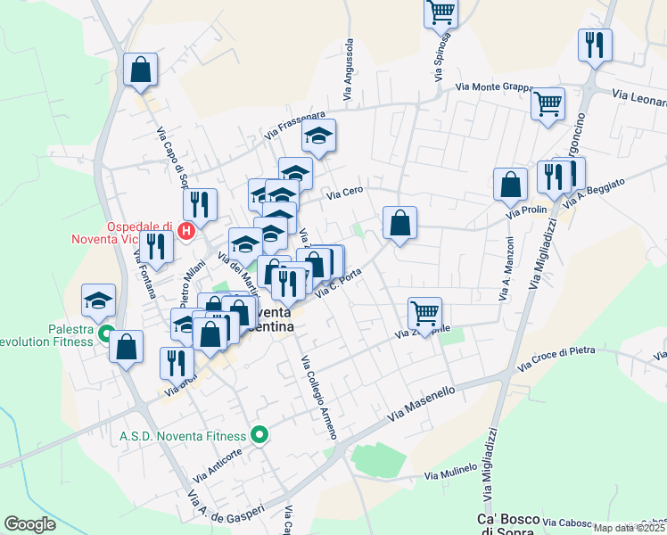 map of restaurants, bars, coffee shops, grocery stores, and more near 7 Via C. Forlanini in Noventa Vicentina