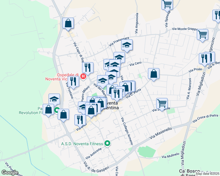 map of restaurants, bars, coffee shops, grocery stores, and more near 6 Via Guglielmo Marconi in Noventa Vicentina