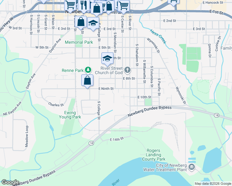 map of restaurants, bars, coffee shops, grocery stores, and more near 912 East 9th Street in Newberg