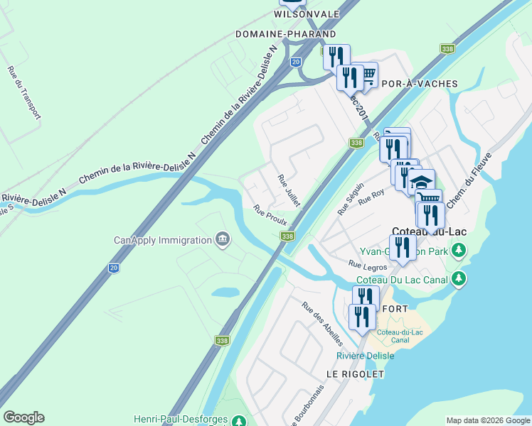 map of restaurants, bars, coffee shops, grocery stores, and more near 20 Rue Bruno-Sauvé in Coteau-du-Lac