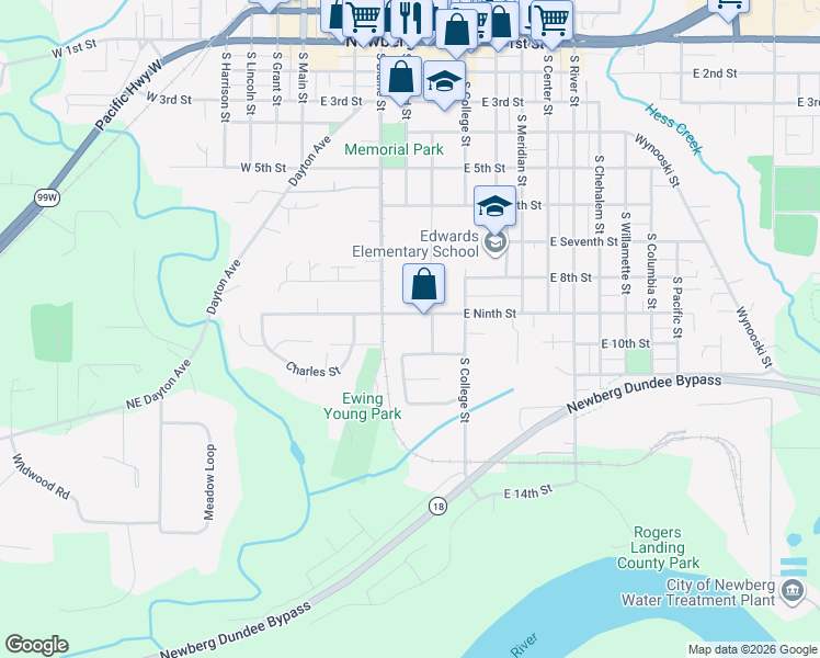 map of restaurants, bars, coffee shops, grocery stores, and more near 504 East Ninth Street in Newberg
