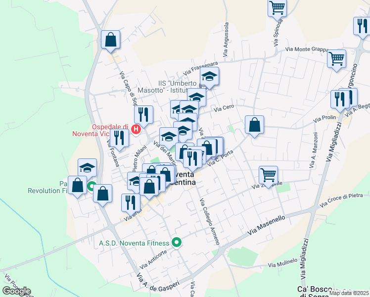 map of restaurants, bars, coffee shops, grocery stores, and more near 6 Via Guglielmo Marconi in Noventa Vicentina