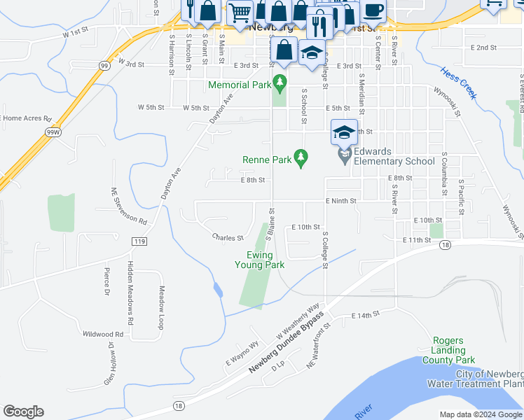 map of restaurants, bars, coffee shops, grocery stores, and more near 902 Charles Street in Newberg