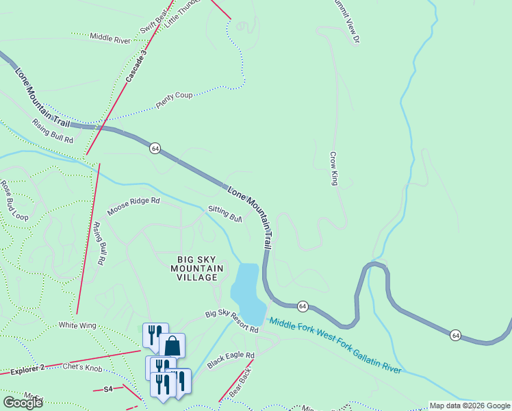 map of restaurants, bars, coffee shops, grocery stores, and more near 2 Sitting Bull Road in Big Sky