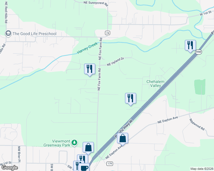 map of restaurants, bars, coffee shops, grocery stores, and more near 10580 Northeast Fox Farm Road in Dundee