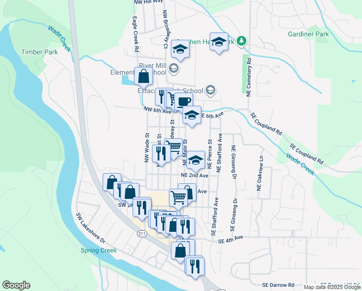map of restaurants, bars, coffee shops, grocery stores, and more near 391 Northeast Main Street in Estacada