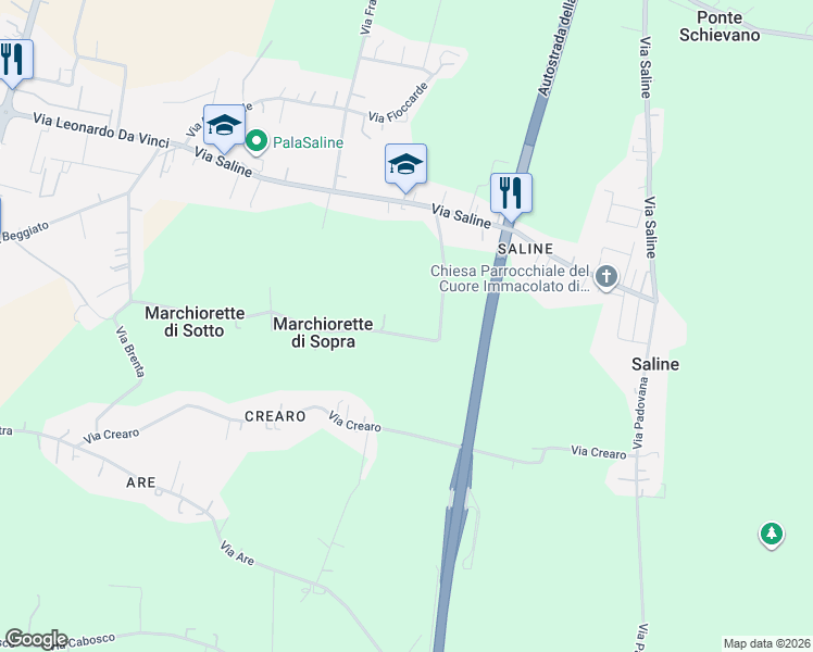 map of restaurants, bars, coffee shops, grocery stores, and more near 39 Via Marchiorette in Provincia di Vicenza