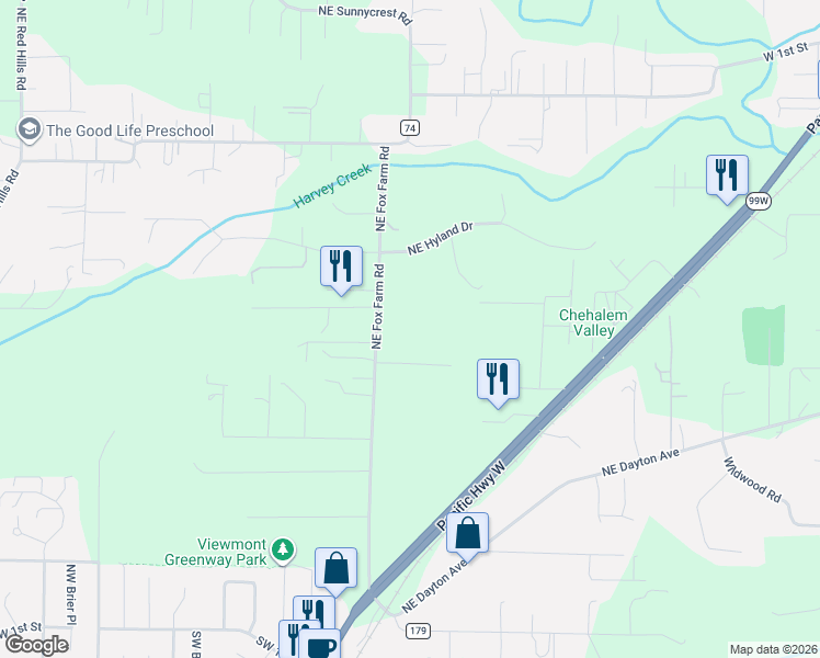 map of restaurants, bars, coffee shops, grocery stores, and more near 10580 Northeast Fox Farm Road in Dundee