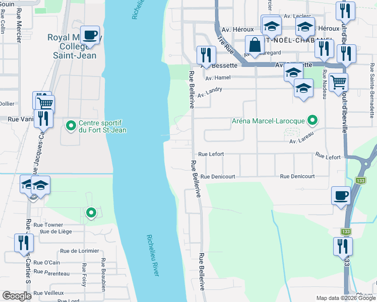 map of restaurants, bars, coffee shops, grocery stores, and more near 1591 Rue Bellerive in Saint-Jean-sur-Richelieu