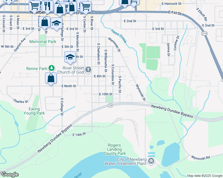 map of restaurants, bars, coffee shops, grocery stores, and more near 903 South Columbia Street in Newberg